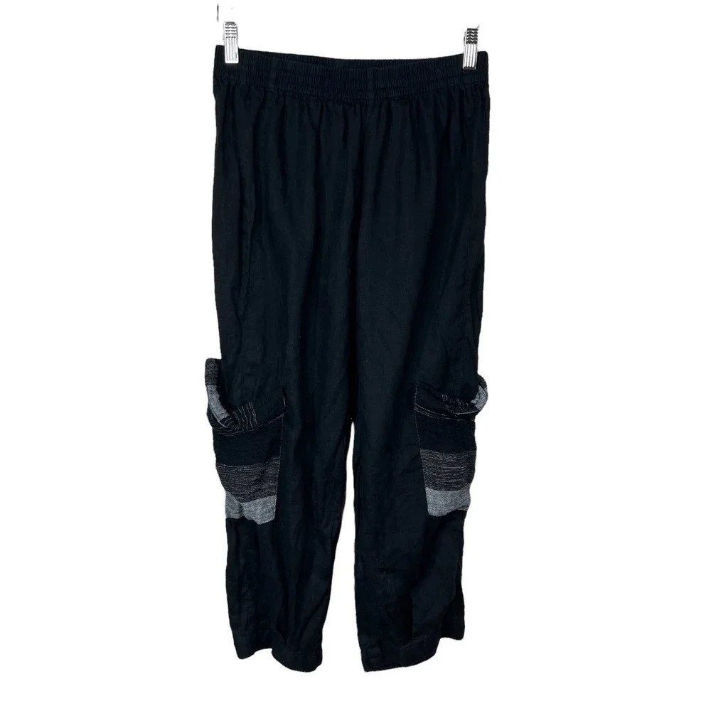 Tara Vao Linen Side‎ Pocket Lagenlook Pants in Black Gray Stripe Size Medium